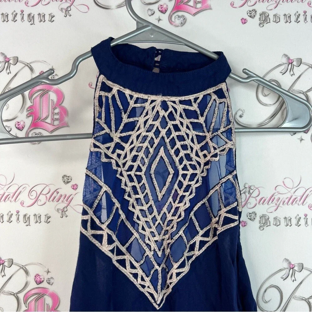 Free People tallow dress mock neck open back Navy and Beige Backless Dress